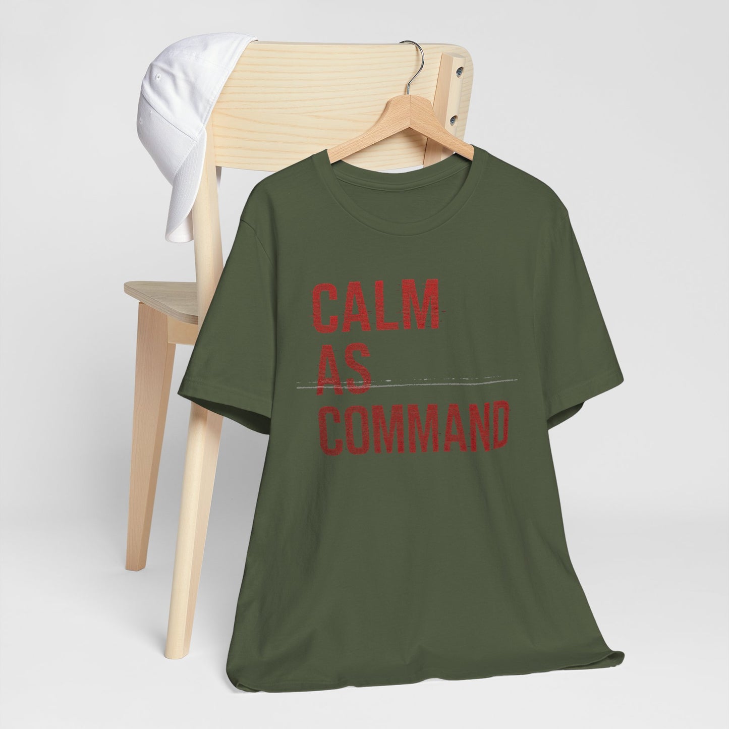 Calm As Command - Military Green (US Only)  | Premium Unisex Tee – Legacy Distressed Glitch, Bella + Canvas 3001, Motivational Shirt